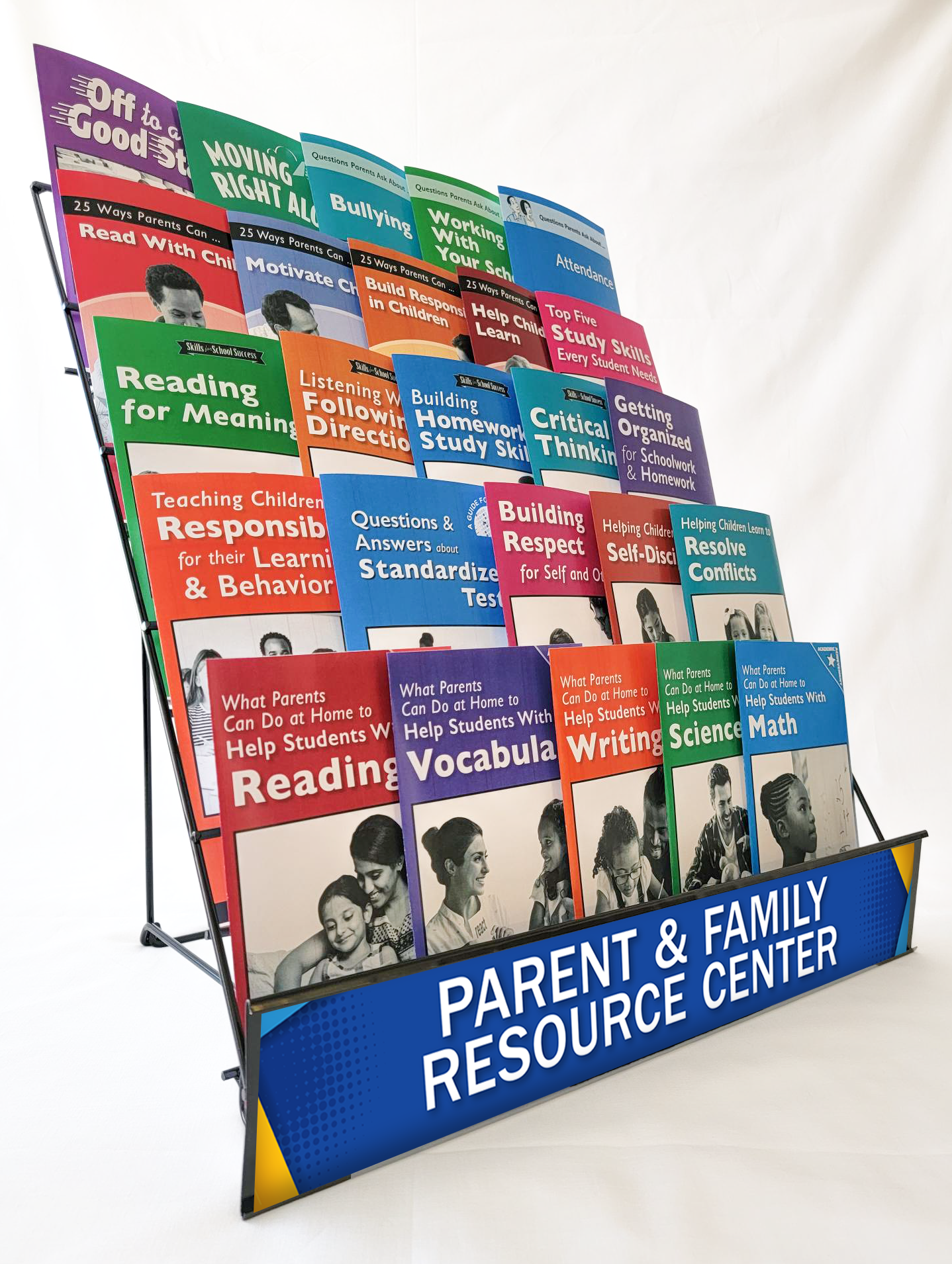 5-tier wire tabletop rack to display The Parent Institute's parent and family engagement resources