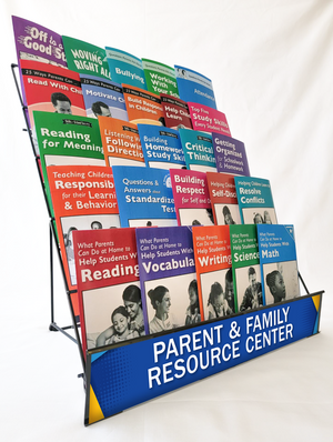 5-tier wire tabletop rack to display The Parent Institute's parent and family engagement resources