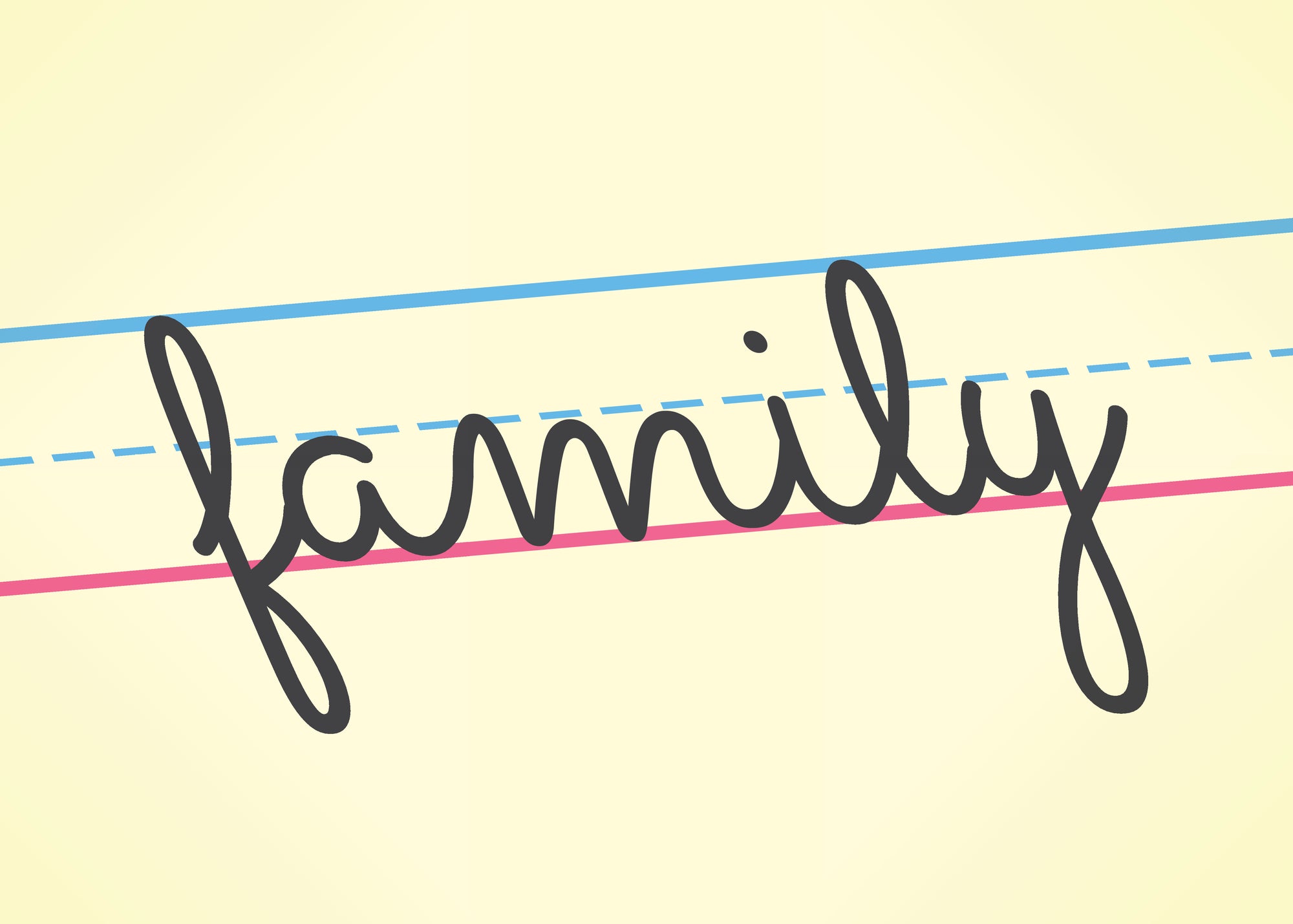 Illustration of the word family written in cursive on a yellow lined paper background