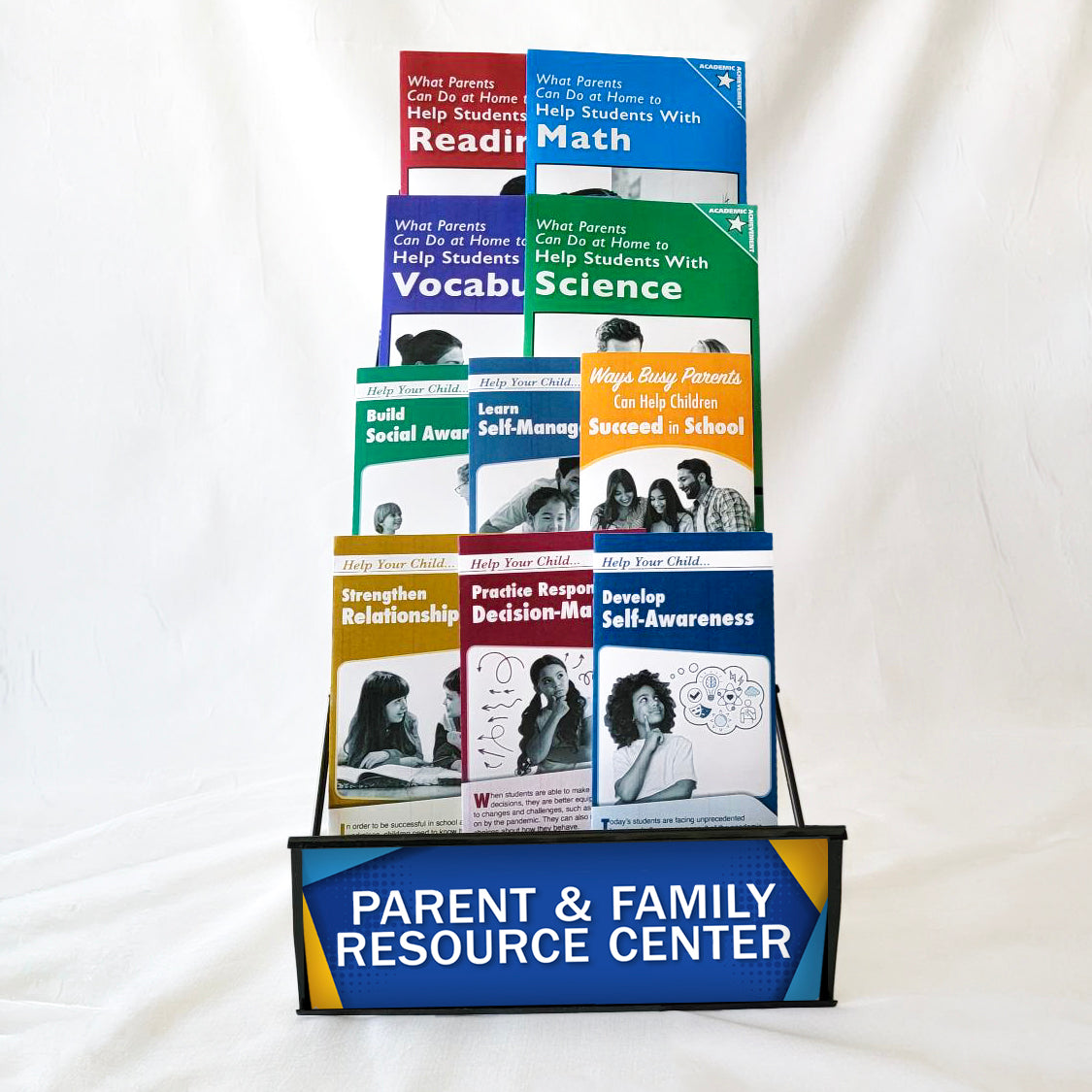 4-tier wire tabletop display rack for The Parent Institute's family engagement resources for parents and families