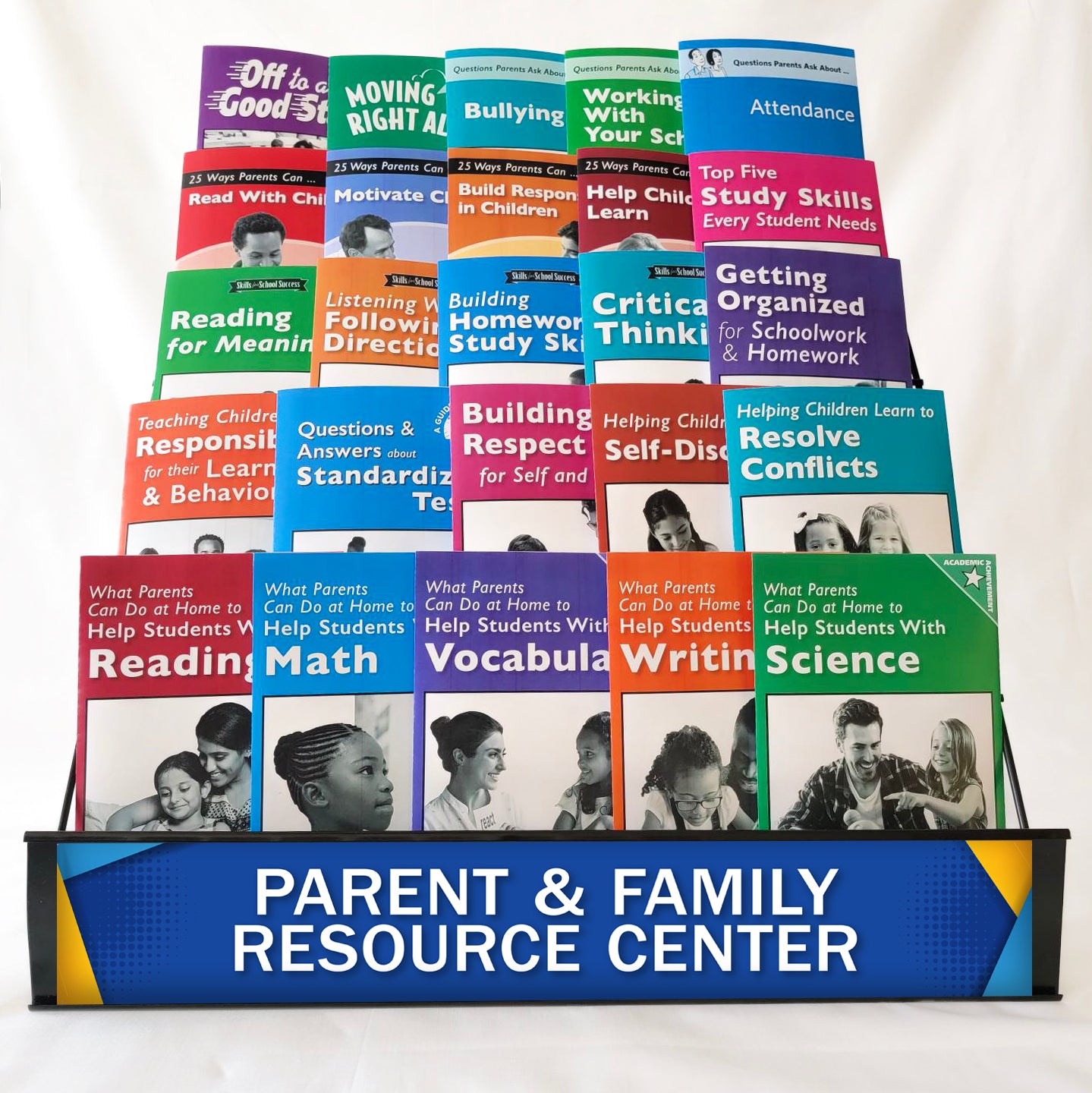 5-tier wire tabletop rack to display The Parent Institute's parent and family engagement resources