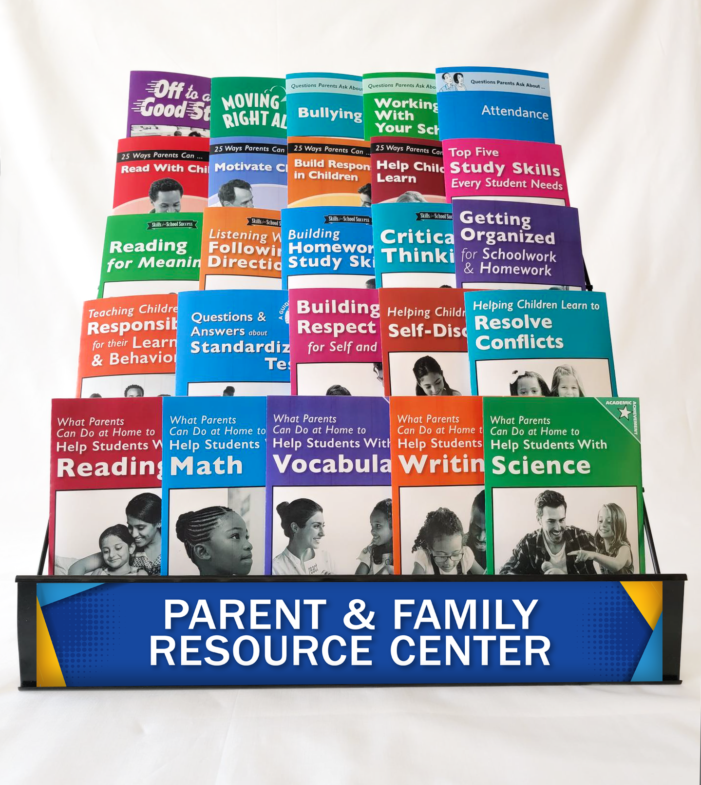 5-tier wire tabletop rack to display The Parent Institute's parent and family engagement resources